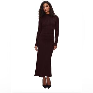 Good American Ribbed Funnel Neck Midi dress S brown burgundy Malbec
